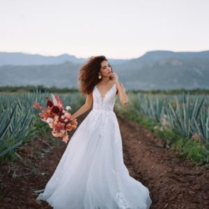 Boho Wedding Dress with Lace Not Strapless and A Line Ballgown sexy style by Allure Bridals Tulle Fabric Texas Bride Dress for Sale at Ava's Bridal Couture in Dallas Fort Worth Texas