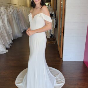 Off the Shoulder Fitted Minimal Wedding Dress with V Neckline and Detailed Lace Illusion Back