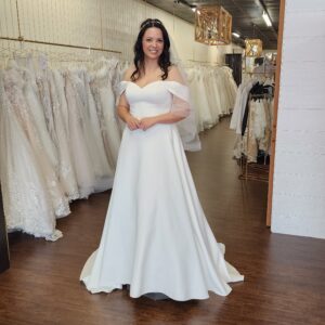 Off the shoulder or Sleeveless Minimal Plus Size Wedding Dress with a Sweetheart Neckline and Pockets