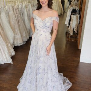 Blue and Purple Floral Colored Bridal Wedding Gown With sweetheart Neckline and a Slit