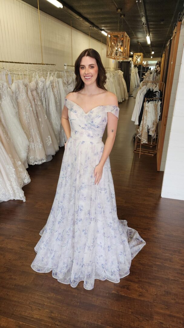 Blue and Purple Floral Colored Bridal Wedding Gown With sweetheart Neckline and a Slit