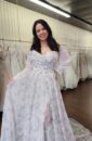 Plus Size Blue and Purple Floral Colored Bridal Wedding Gown With sweetheart Neckline and a Slit with Sleeves