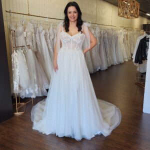 A-line Fully Sparkle Bridal Wedding Gown with Lace Exposed Corset and Bow Sleeves