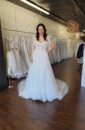 A-line Fully Sparkle Bridal Wedding Gown with Lace Exposed Corset and Bow Sleeves