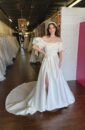 Mikado A-line Bridal Wedding Dress with Pockets and a Side Slit and Puff Sleeves