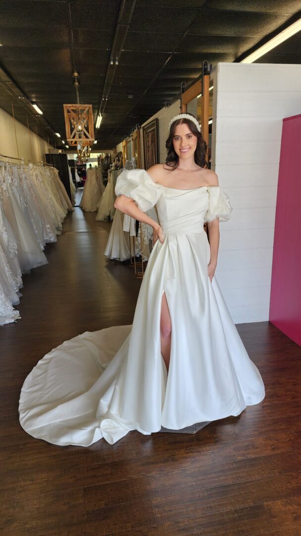 Mikado A-line Bridal Wedding Dress with Pockets and a Side Slit and Puff Sleeves