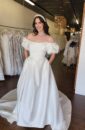 Mikado A-line Bridal Wedding Dress with Pockets and a Side Slit and Puff Sleeves