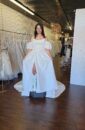 Plus Size Mikado A-line Bridal Wedding Dress with Pockets and a Side Slit and Puff Sleeves