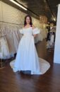 Plus Size Mikado A-line Bridal Wedding Dress with Pockets and a Side Slit and Puff Sleeves