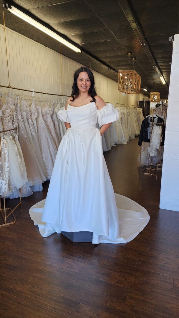 Plus Size Mikado A-line Bridal Wedding Dress with Pockets and a Side Slit and Puff Sleeves