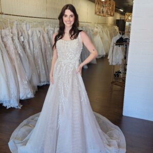 Sparkle Lace Beaded Wedding Dress with Straps, a Square Neckline, and Fully Sparkle Skirt