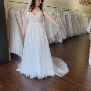 A Line Plus Size Illusion Sparkle Beaded Bridal Wedding Gown with Straps and Sparkle Lace