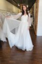 Off the shoulder Clean Flowy Wedding Dress with sleeves and a Slit