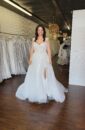 Off the Shoulder Plus Size Wedding Dress with Beaded Lace Appliques and a Side Slit