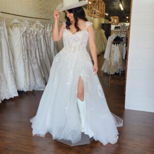 Off the Shoulder Plus Size Wedding Dress with Beaded Lace Appliques and a Side Slit