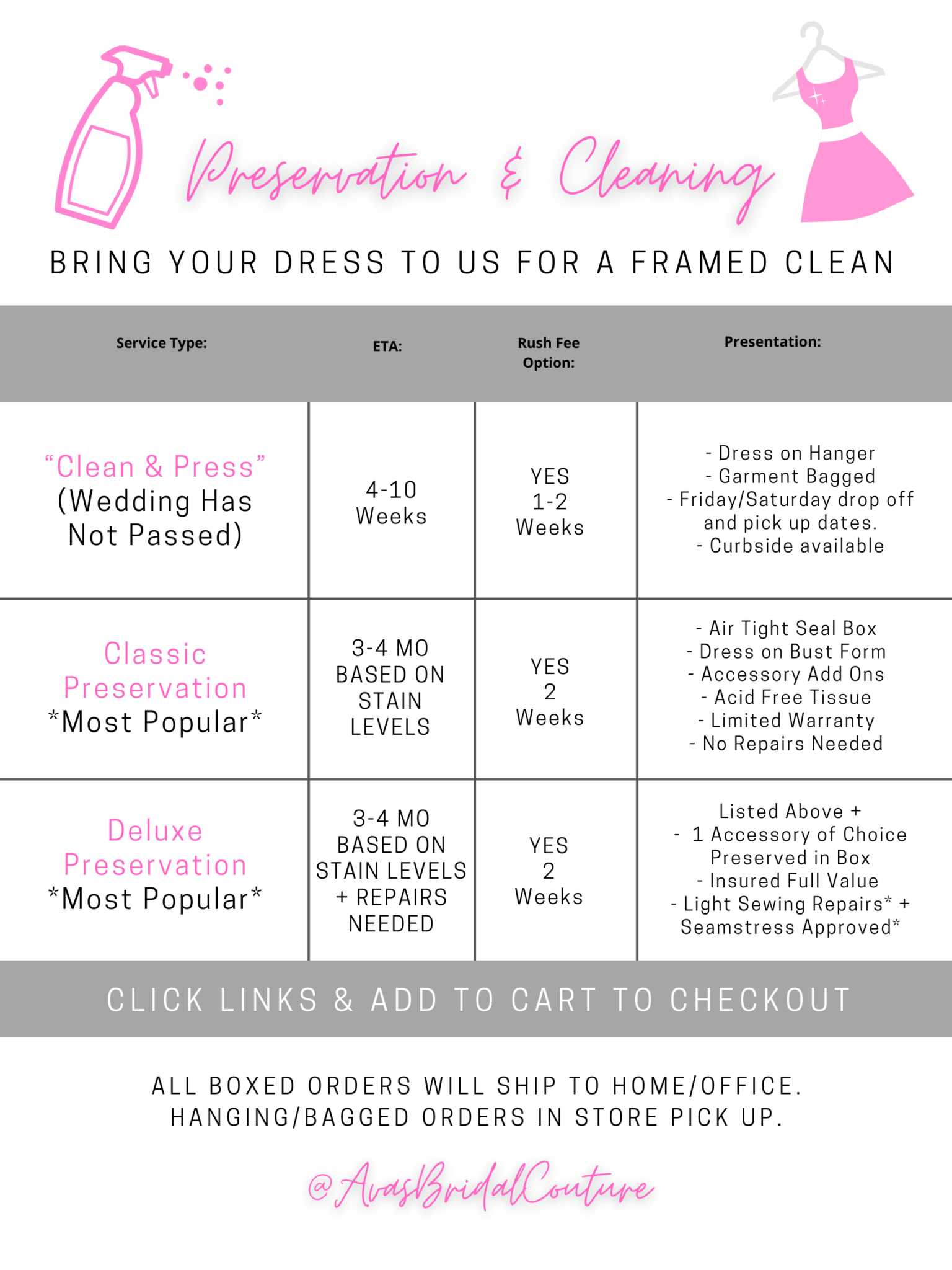 Preservation & Cleaning Price List – Ava's Bridal Couture Preservation & Cleaning Price List – Ava's Bridal Couture
